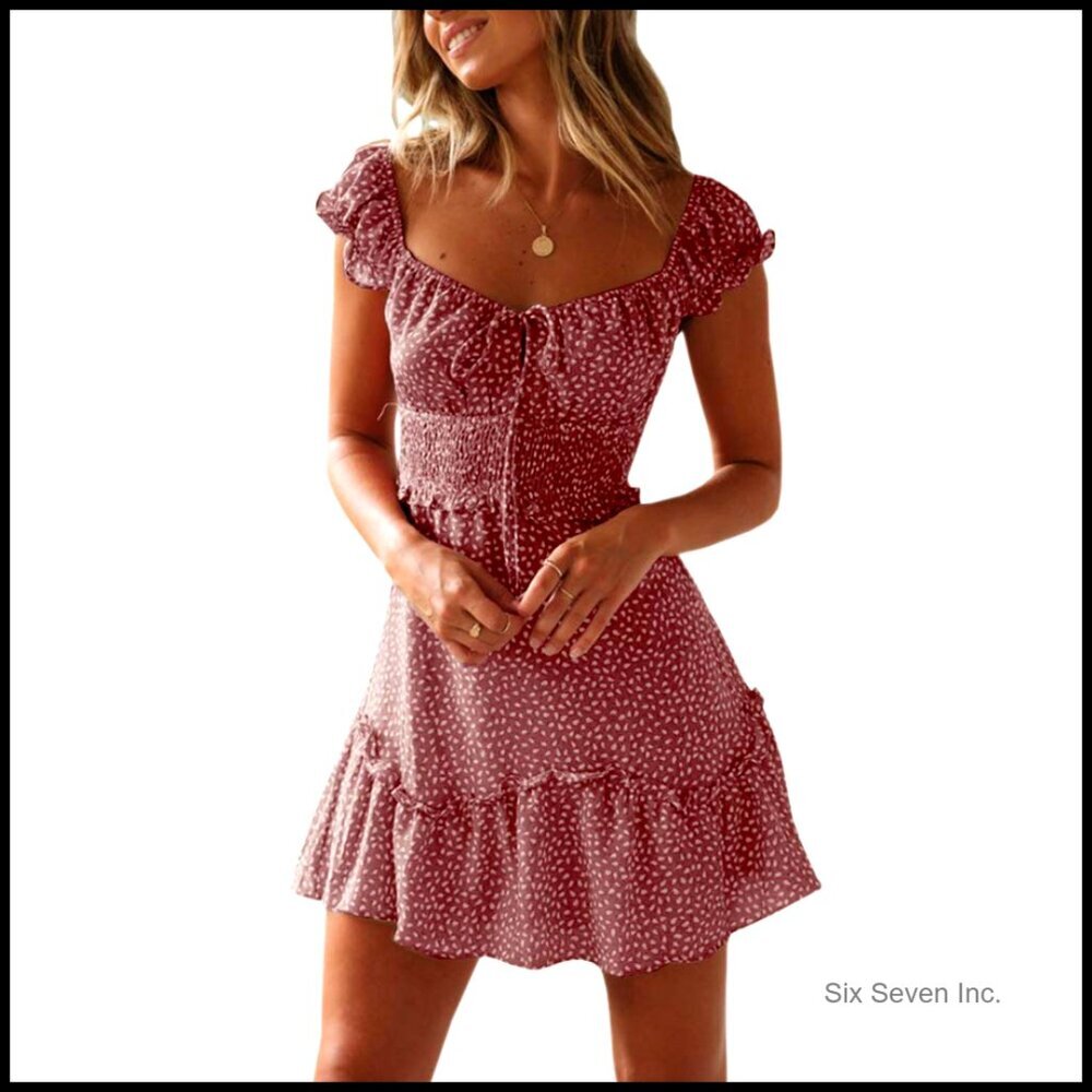 Summer Mini Dress Sweetheart Neckline Ruffle Sleeves Floral Print Boho Chic